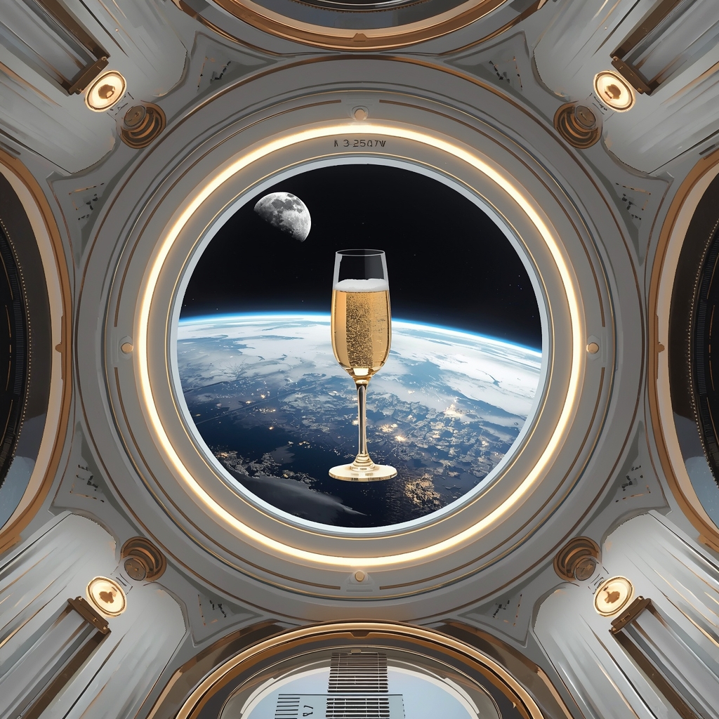 luxury space station interior cabin, zero gravity floating champagne glass, futuristic design, gold and white aesthetic, panoramic window looking at moon, 8k, no people